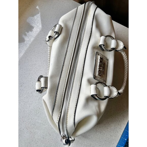 Guess White Leather Perforated Satchel Handbag With Braided Handle 6 tall 10” L - Picture 10 of 16